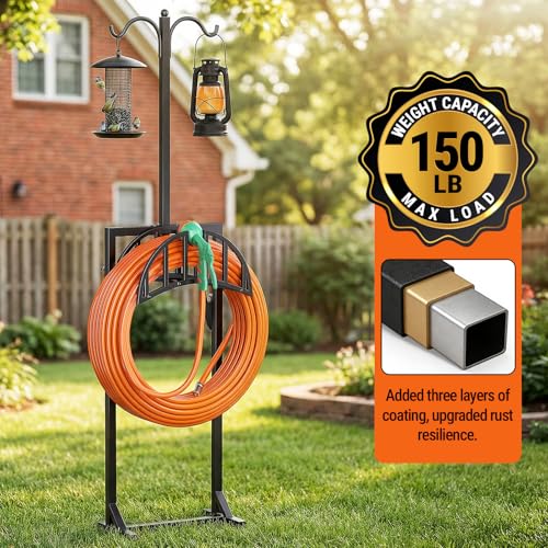YFFSRJDJ Garden Hose Holder, Water Hose Stand for Outside with 4 Stake and 2 Shepherds Hooks, Freestanding Hose Storage Holds 150Ft, Heavy-Duty Metal Hose Hanger Rack for Yard, Lawn, Farm - Image 4