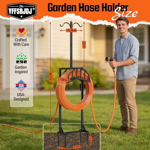 YFFSRJDJ Garden Hose Holder, Water Hose Stand for Outside with 4 Stake and 2 Shepherds Hooks, Freestanding Hose Storage Holds 150Ft, Heavy-Duty Metal Hose Hanger Rack for Yard, Lawn, Farm - Image 3