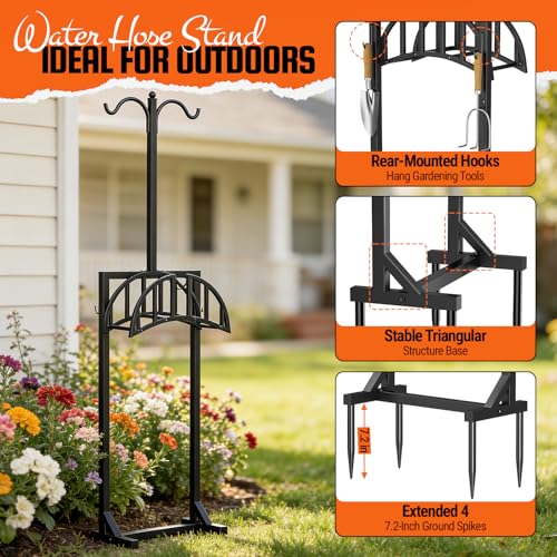 YFFSRJDJ Garden Hose Holder, Water Hose Stand for Outside with 4 Stake and 2 Shepherds Hooks, Freestanding Hose Storage Holds 150Ft, Heavy-Duty Metal Hose Hanger Rack for Yard, Lawn, Farm - Image 5