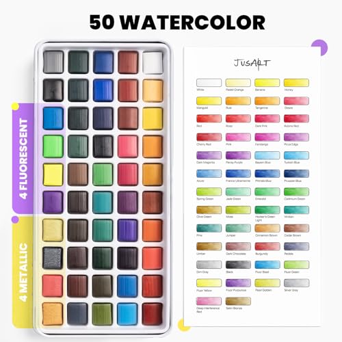 JusArt 50 Colors Watercolor Paint Set,Art Supplies with Metallic Color, Detail Painting Brushes, Water Brush Pens, Portable Travel Watercolor Painting Set for Adult, Artists, Professionals - Image 2