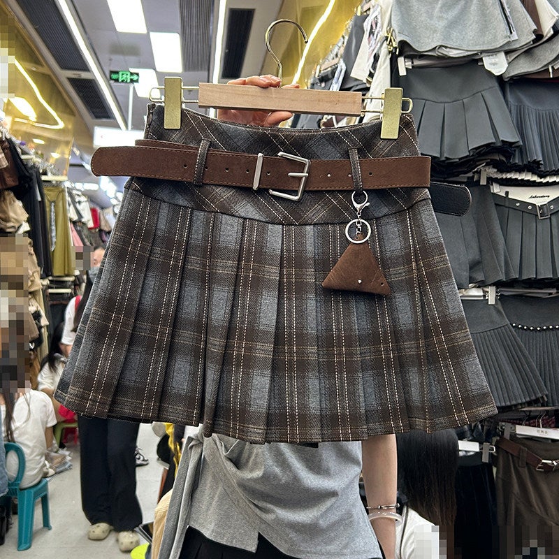 College style retro plaid skirt women's 2026 spring new high-waisted slimming A-line skirt 555M - Image 1