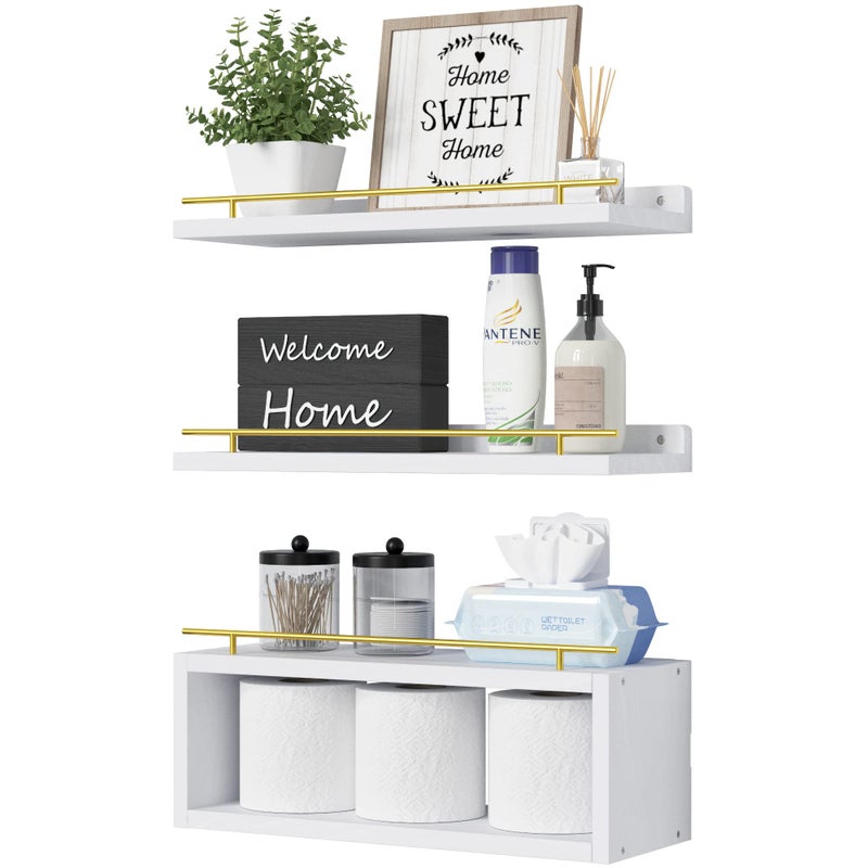 WOPITUES Floating Shelves with Cube Shelf Wall Shelves with Metal Rail for Bathroom Decor Over Toilet Bathroom Organizers and Storage Toilet Paper Holder  WhiteGold