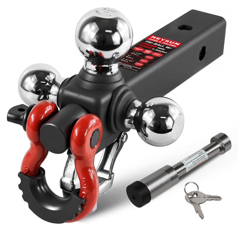 REYSUN Trailer Hitch Tri-Ball Mount: with Swivel Tow Shackle and Tow Hook, fits for 2-inch Receiver, Chrome Trailer Ball Size 1-7/8", 2" and 2-5/16" and 5/8" Hitch Lock Pin - Image 1