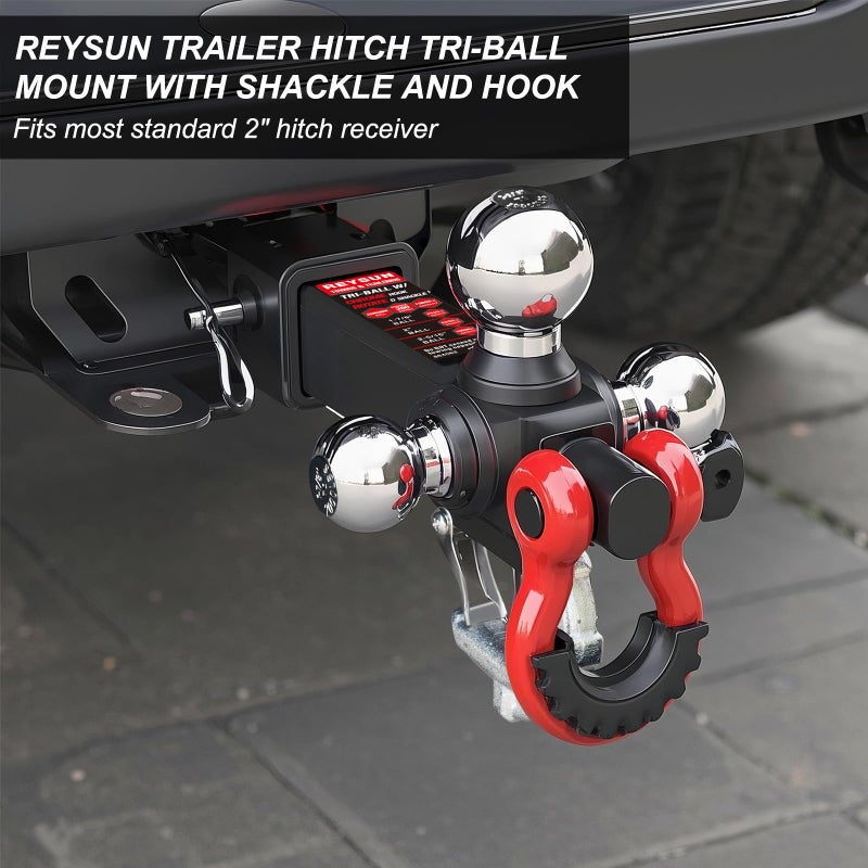 REYSUN Trailer Hitch Tri-Ball Mount: with Swivel Tow Shackle and Tow Hook, fits for 2-inch Receiver, Chrome Trailer Ball Size 1-7/8", 2" and 2-5/16" and 5/8" Hitch Lock Pin - Image 2