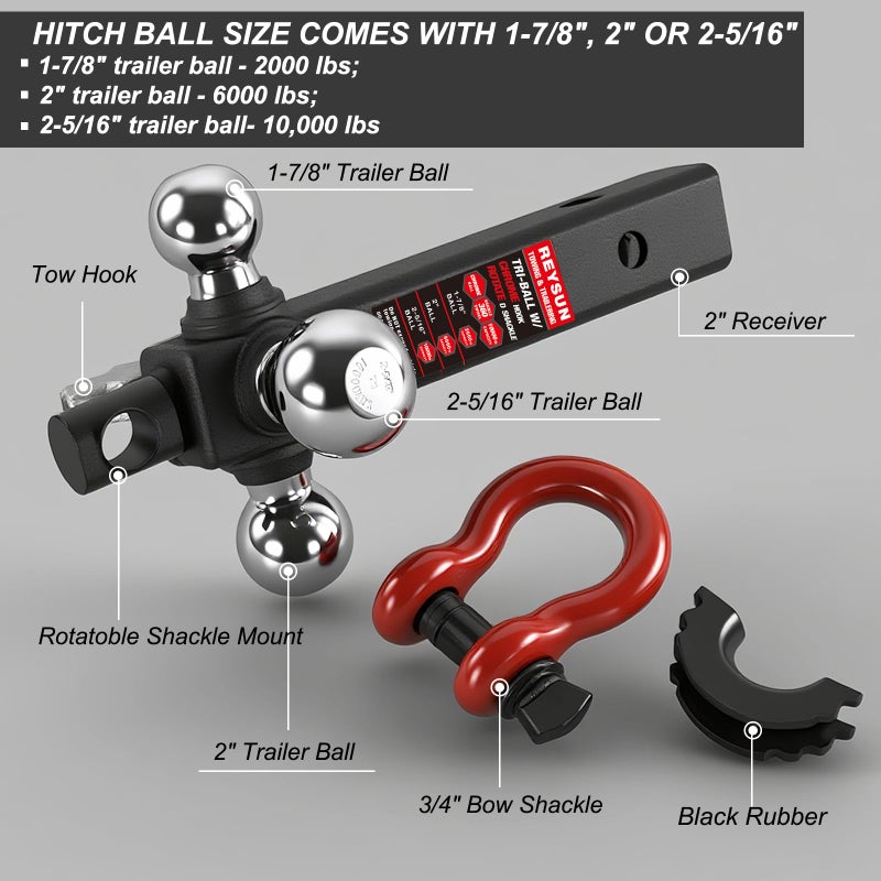 REYSUN Trailer Hitch Tri-Ball Mount: with Swivel Tow Shackle and Tow Hook, fits for 2-inch Receiver, Chrome Trailer Ball Size 1-7/8", 2" and 2-5/16" and 5/8" Hitch Lock Pin - Image 5