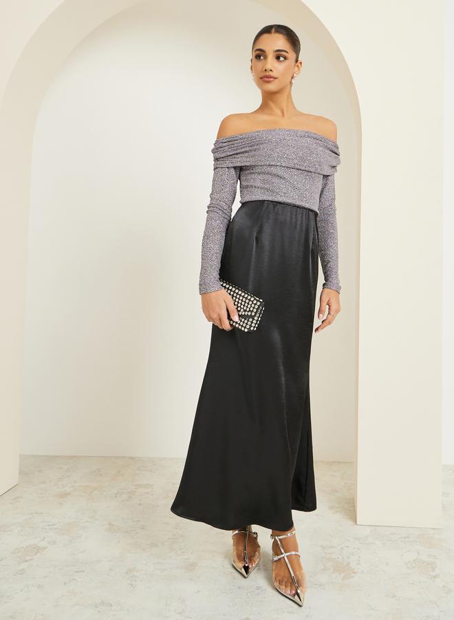 Styli Black Satin A-Line Maxi Skirt - Image 1