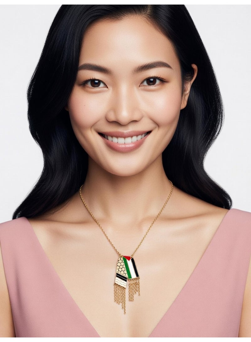 جوليا ستور قلادة علم فلسطين مع رمز الكوفية، للرجال والنساء، مطلية بالذهب عيار 21 قيراط، مصنوعة من الفولاذ المقاوم للصدأ، فاخرة، مضادة للحساسية، قلادة خريطة فلسطين، هدية مجوهرات للجنسين - Image 3