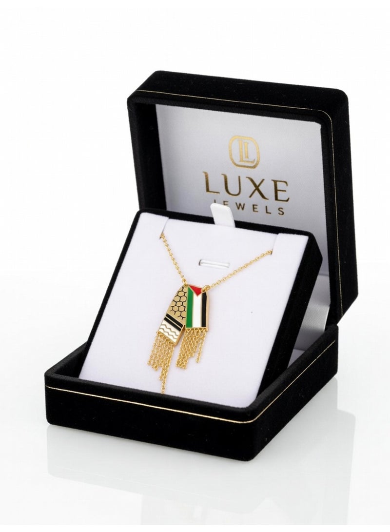 جوليا ستور قلادة علم فلسطين مع رمز الكوفية، للرجال والنساء، مطلية بالذهب عيار 21 قيراط، مصنوعة من الفولاذ المقاوم للصدأ، فاخرة، مضادة للحساسية، قلادة خريطة فلسطين، هدية مجوهرات للجنسين - Image 5