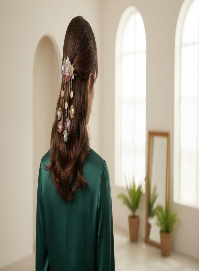 Floral Hair Clip with Pearl Accents, Multicolour Pastel Flowers, Gold Chain Tassel Dangles, Elegant Bridal Hair Accessory - Image 5
