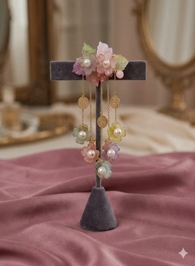 Floral Hair Clip with Pearl Accents, Multicolour Pastel Flowers, Gold Chain Tassel Dangles, Elegant Bridal Hair Accessory - Image 2