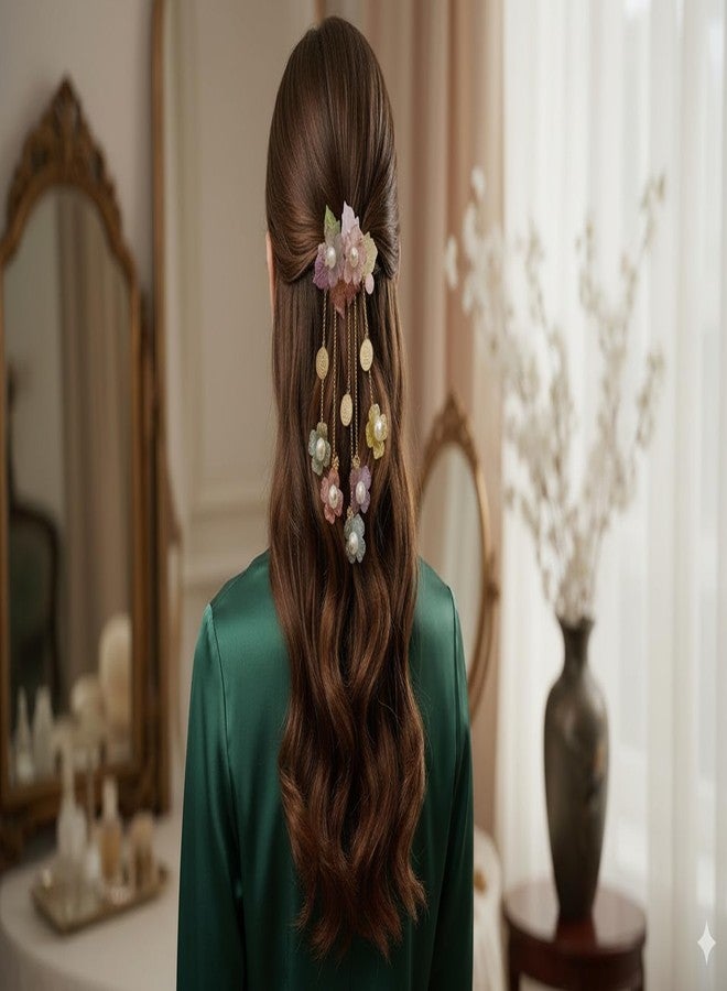 Floral Hair Clip with Pearl Accents, Multicolour Pastel Flowers, Gold Chain Tassel Dangles, Elegant Bridal Hair Accessory - Image 3