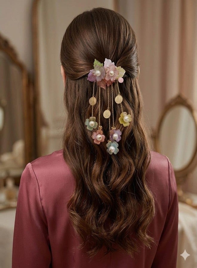 Floral Hair Clip with Pearl Accents, Multicolour Pastel Flowers, Gold Chain Tassel Dangles, Elegant Bridal Hair Accessory - Image 1
