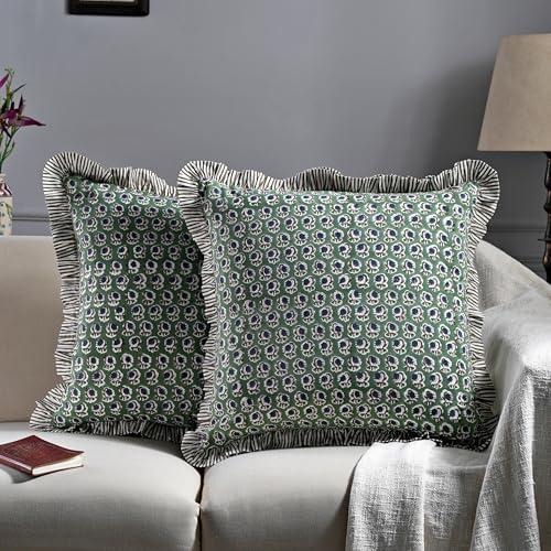 Ridhi Block Print Basil Green Throw Pillow Cover 20 x 20 Pack of 2 Decorative Cushion Covers with Ruffle for Couch Sofa Bed Living Room Home Decor Gift for Spring Easter Valentine - Image 3