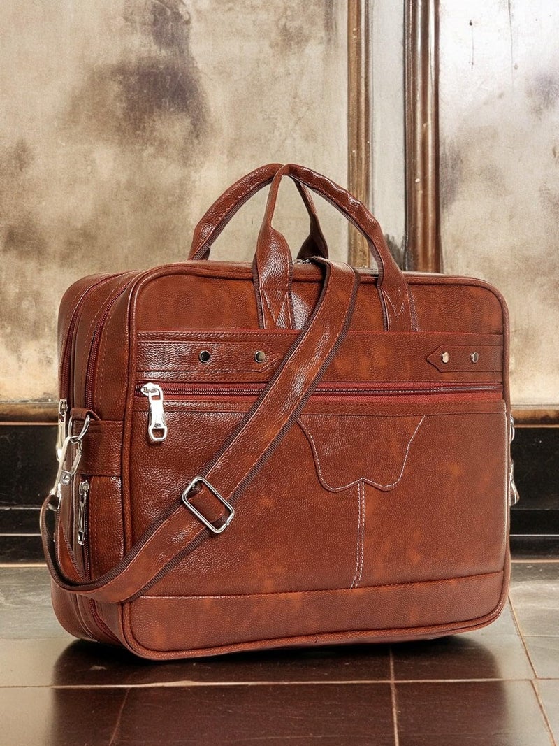 SAMTROH Tan Pu Leather Laptop Bag for Men I Fits Up to 15.6 Inch Laptop/MacBook I 2 Compartment & Padded Laptop Compartment I Handles with Detachable Sling Strap I 3 External & 1 Inner Pocket - Image 2