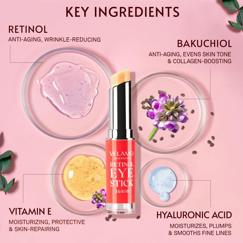 VELAMO ADVANCED Retinol Eye Balm Stick with Bakuchiol: Under Eye Cream for Dark Circles and Puffiness - Anti Aging Reduces Fine Lines Wrinkles Under Eye Bags in 4-8 Weeks 0.1 OZ/3g - Image 4