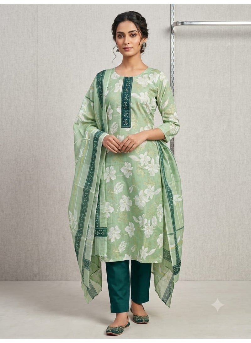 Women's Light Green Floral Printed Kurti Set with Dupatta and Pants