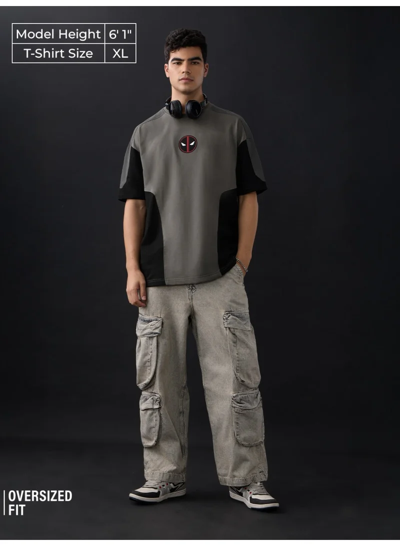 The Souled Store The Souled Store Deadpool: Logo Men and Boys Short Sleeves Round Neck Colour-Block Graphic Printed Oversized T-Shirt