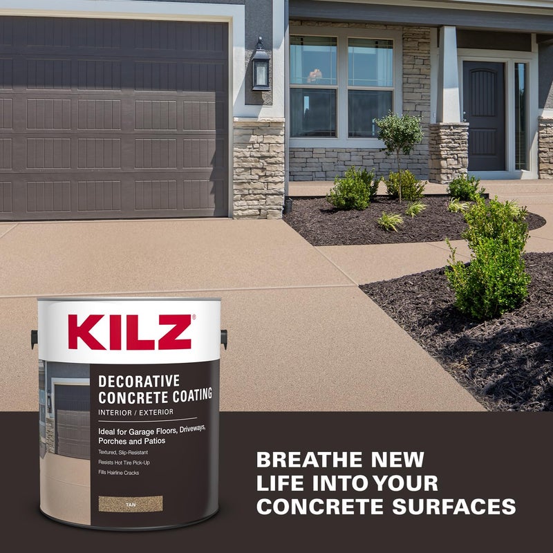 KILZ Decorative Concrete Coating, Slip-Resistant Tan Paint with Stone-Like Speckled Finish, Interior/Exterior Use on Garages, Patios, Driveways, Pool Decks & Walkways, 1 Gallon - Image 2