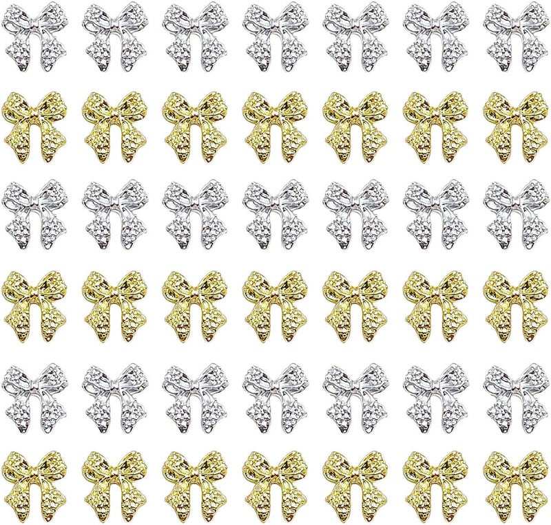 40pcs Bow Nail Charms Gold and Silver Nail Charms Bowknots Nail Art Charms Bow Charms for Nails Design
