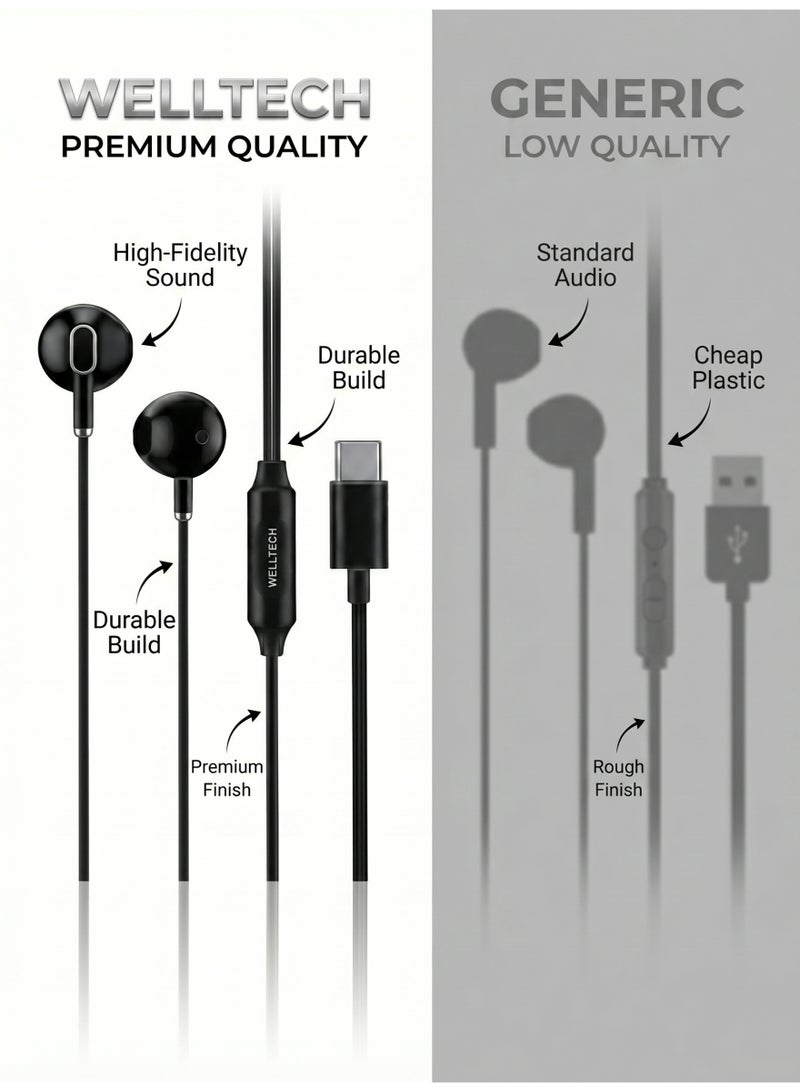 WELLTECH Type C Wired Earphones with Mic Clear Sound USB C Headphones Noise Isolation In Ear Headset for Android Samsung Calls Gaming Meetings WELLTECH HFD75 - Image 5