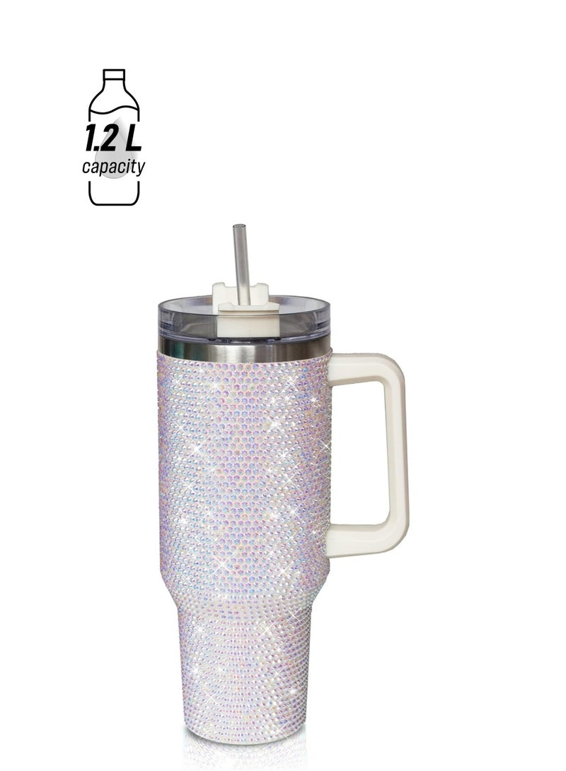 ارواق كوب بسعة 40 أونصة مزود بمقبض وغطاء مرصع وقش معزول من الفولاذ المقاوم للصدأ بجدار مزدوج وكوب ماء للسفر وزجاجة مياه للنساء (40 أونصة 1200 مل) - Image 1