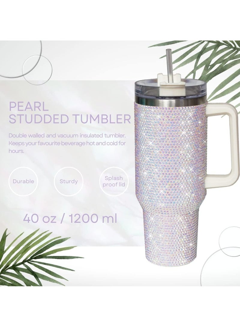 ارواق كوب بسعة 40 أونصة مزود بمقبض وغطاء مرصع وقش معزول من الفولاذ المقاوم للصدأ بجدار مزدوج وكوب ماء للسفر وزجاجة مياه للنساء (40 أونصة 1200 مل) - Image 2