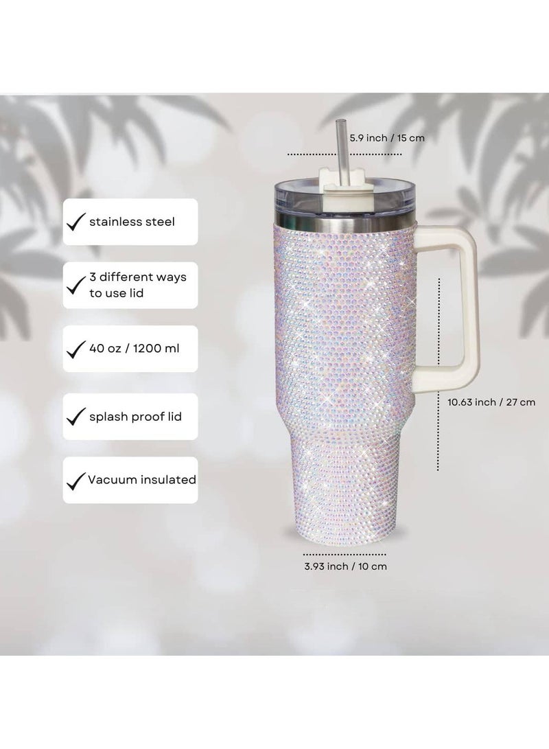 ارواق كوب بسعة 40 أونصة مزود بمقبض وغطاء مرصع وقش معزول من الفولاذ المقاوم للصدأ بجدار مزدوج وكوب ماء للسفر وزجاجة مياه للنساء (40 أونصة 1200 مل) - Image 3