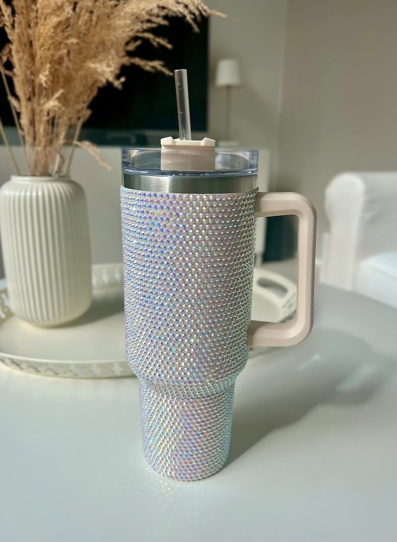 ارواق كوب بسعة 40 أونصة مزود بمقبض وغطاء مرصع وقش معزول من الفولاذ المقاوم للصدأ بجدار مزدوج وكوب ماء للسفر وزجاجة مياه للنساء (40 أونصة 1200 مل) - Image 5