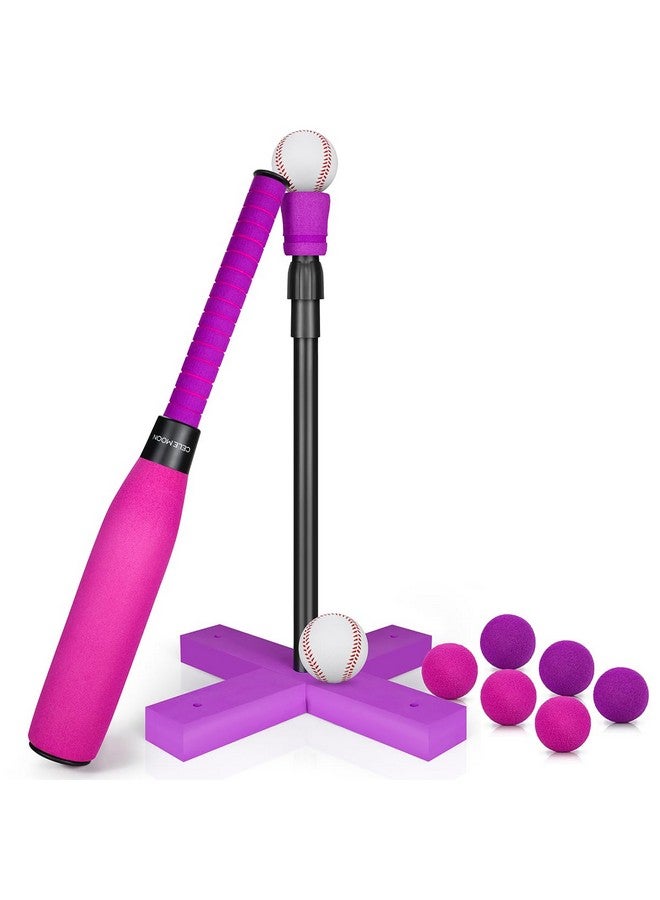 CeleMoon Adjustable TEE Foam T Ball Kids Baseball Softball Bat Set Batting, 8 Colored Balls Included for Toddler Girls Gift 3 4 5 Years Indoor Outdoor Sport Playing Toys (Pink) - Image 1