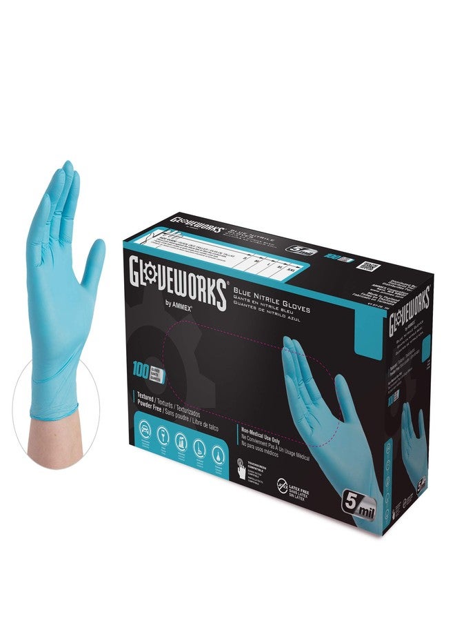 GLOVEWORKS قفازات غلوف ووركس الزرقاء القابلة للتصرف من النيتريل الصناعية، 5 مل، خالية من اللاتكس والبودرة، آمنة للطعام، ذات ملمس، متوسطة، علبة من 100 - Image 1
