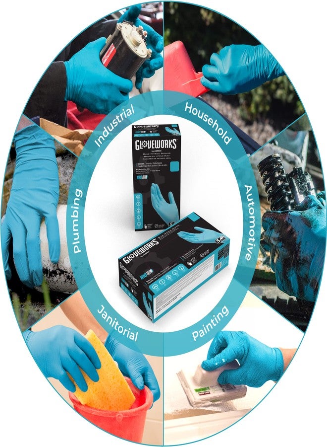 GLOVEWORKS قفازات غلوف ووركس الزرقاء القابلة للتصرف من النيتريل الصناعية، 5 مل، خالية من اللاتكس والبودرة، آمنة للطعام، ذات ملمس، متوسطة، علبة من 100 - Image 3
