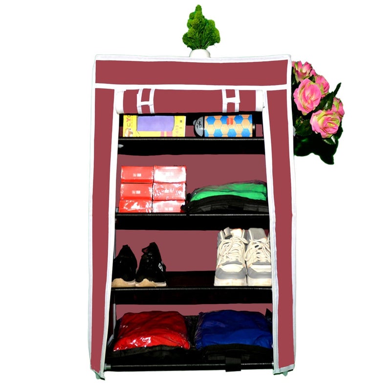 DEMARK Shoe Rack Stand for Home Multipurpose Storage Organizer Lightweight with Iron Pipes Dust Proof Cover (Pack of 3, Maroon) - Image 1