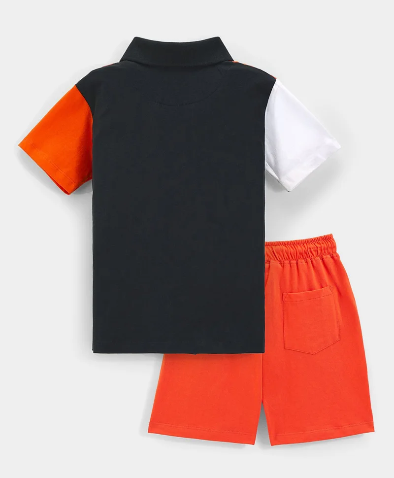 Primo Gino Primo Gino 100% Cotton Color Block Printed Half Sleeves Polo T-Shirt & Cargo Shorts Set - Multi Color