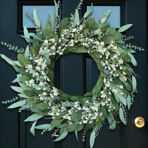YXZZWL 26 Eucalyptus and Babys Breath Flowers Wreath for Front Door Large Artificial Greenery Outdoor Wreath for PorchWindowFarmhouseHomeHanging Decor Spring Summer All Seasons GreenWhite - Image 1