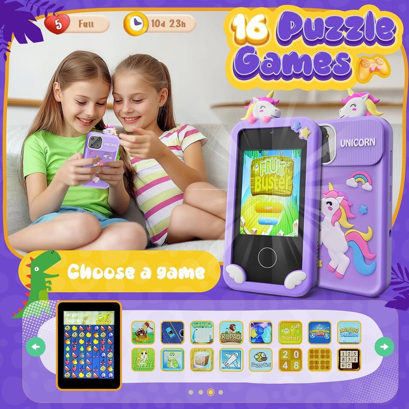 Eworld Unicorn Kids Smart Phone Toy, 2.8" Touchscreen with 16 Learning Games, Dual Camera, Assorted Colors - Image 4