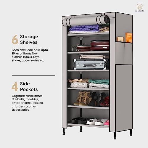 MY ARMOR 1 Door Multipurpose Foldable Wardrobe for Clothes, Multipurpose Cupboard for Storage Rack Cabinet, Foldable, Collapsible Fabric Wardrobe Organizer for Clothes, 6 Shelves/Cabin - Grey - Image 3