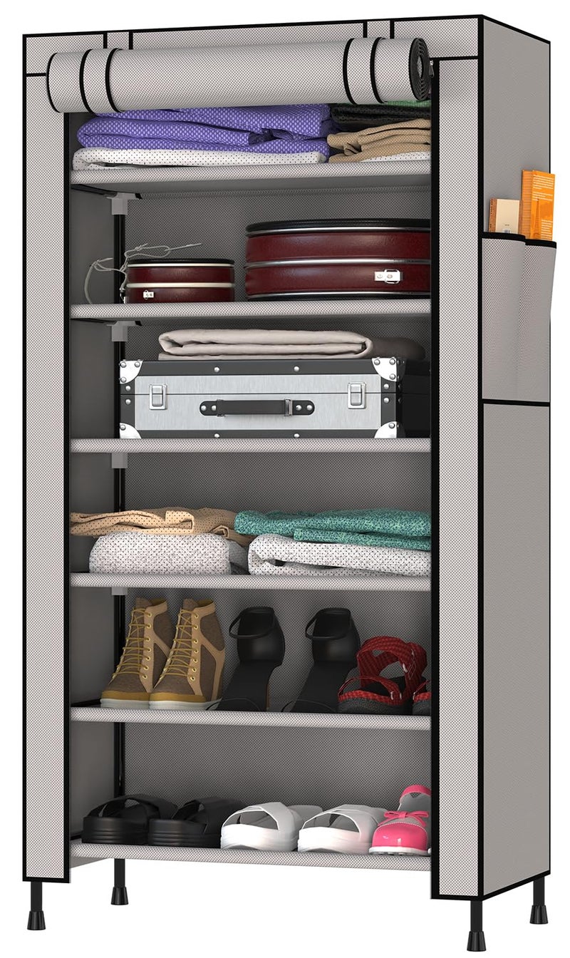 MY ARMOR 1 Door Multipurpose Foldable Wardrobe for Clothes, Multipurpose Cupboard for Storage Rack Cabinet, Foldable, Collapsible Fabric Wardrobe Organizer for Clothes, 6 Shelves/Cabin - Grey - Image 1