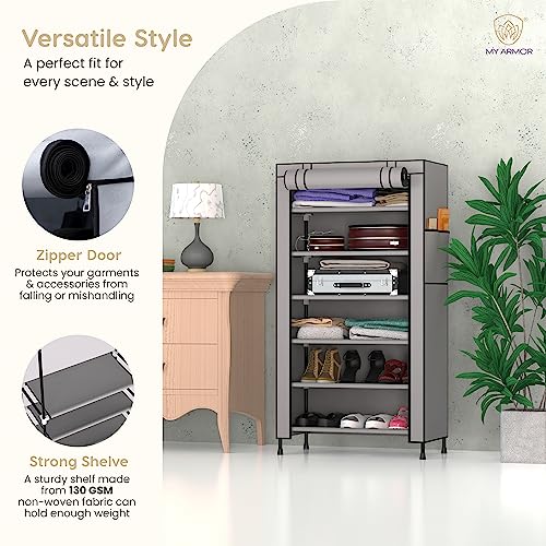 MY ARMOR 1 Door Multipurpose Foldable Wardrobe for Clothes, Multipurpose Cupboard for Storage Rack Cabinet, Foldable, Collapsible Fabric Wardrobe Organizer for Clothes, 6 Shelves/Cabin - Grey - Image 2