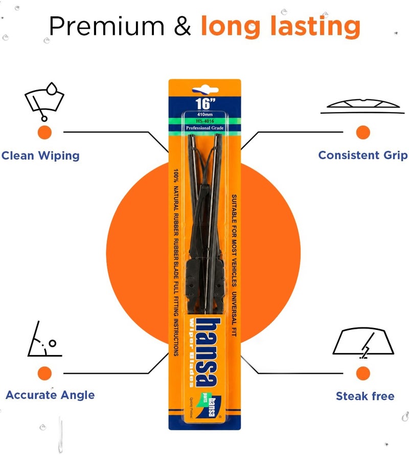 HANSA 16 (410mm) Inch Universal Car Windshield Wiper Blade Set for Clear Visibility, Streak-Free Cleaning, Smooth Rain Wiping, Front Windshield Replacement, Natural Rubber Wiper Blades, Metal Frame, All Weather Automotive Windshield Wiper for Cars Erpc WP 10046 - Image 2