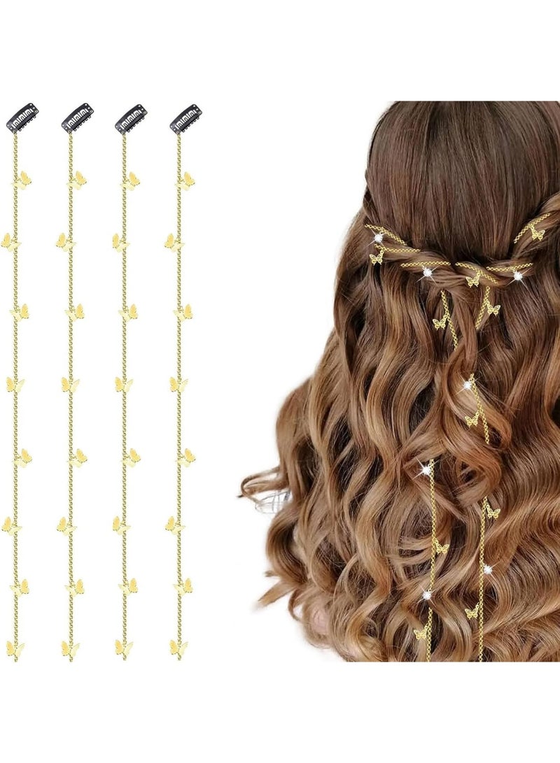 سلسلة شعر مضفرة على شكل فراشات مكونة من 4 قطع، مجوهرات شعر مرصعة بأحجار الراين، مشابك شعر ذهبية على شكل فراشات، إكسسوارات سلسلة شعر ذهبية، إكسسوارات شعر أنيقة مزينة بشراشيب للفتيات والنساء كهدية - Image 1