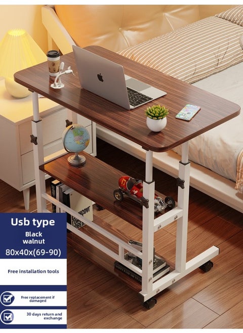 Simple Bedside Table Movable Adjustable Table Multi-functional Liftable Desk Bedside Small Table Laptop Support-Color:Three-layer Upgraded Thickened Desktop USB [80*40] Black Walnut Comes With USB + Fan + Eye Protection
