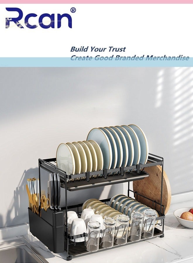 Rcan Dish Drying Rack 2 Tier Dish Rack Kitchen Multi-functional Stainless steel Removable Cutlery Drain Rack with Cutlery Holder Cup Cutting Board Rack Chopsticks Spoon Box for Cabinets and Countertops  - Image 1