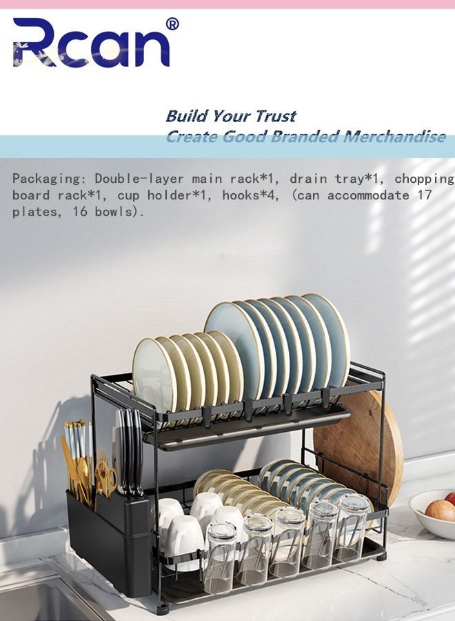 Rcan Dish Drying Rack 2 Tier Dish Rack Kitchen Multi-functional Stainless steel Removable Cutlery Drain Rack with Cutlery Holder Cup Cutting Board Rack Chopsticks Spoon Box for Cabinets and Countertops  - Image 2