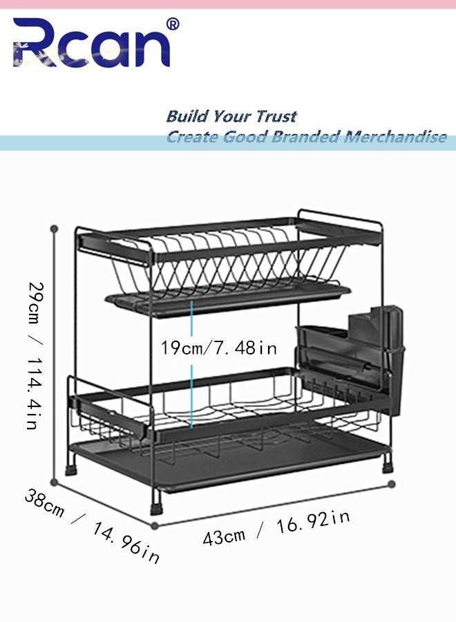 Dish Drying Rack 2 Tier Dish Rack Kitchen Multi-functional Stainless steel Removable Cutlery Drain Rack with Cutlery Holder Cup Cutting Board Rack Chopsticks Spoon Box for Cabinets and Countertops