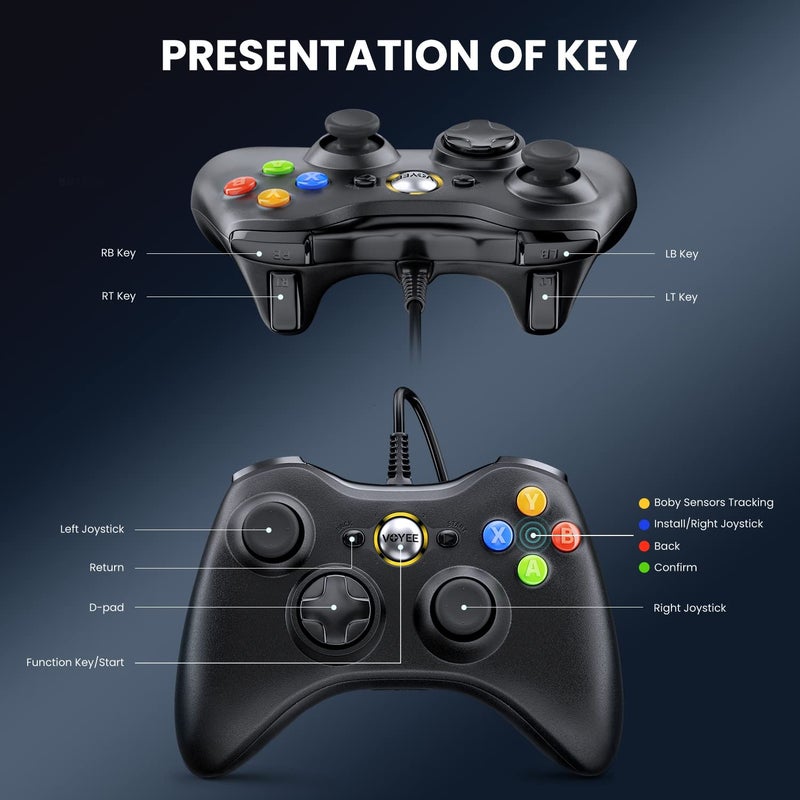 VOYEE PC Controller, Wired Controller Compatible with Microsoft Xbox 360 & Slim/PC Windows 10/8/7, with Upgraded Joystick, Double Shock | Enhanced (Black) - Image 5