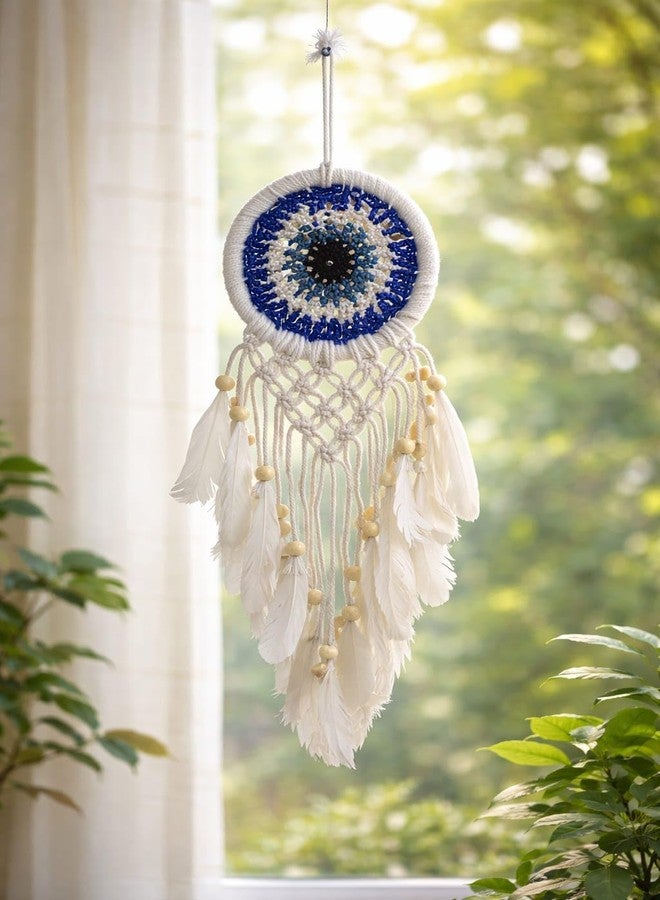 ThincAmaxe Handmade Evil Eye Dream Catcher with Feathers | Blue & White Wall Hanging for Home Décor, Bedroom & Living Room | Boho Spiritual Décor - Image 2