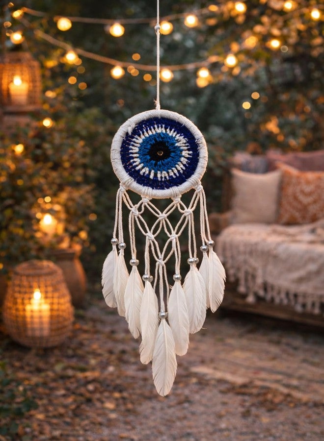 ThincAmaxe Handmade Evil Eye Dream Catcher with Feathers | Blue & White Wall Hanging for Home Décor, Bedroom & Living Room | Boho Spiritual Décor - Image 1