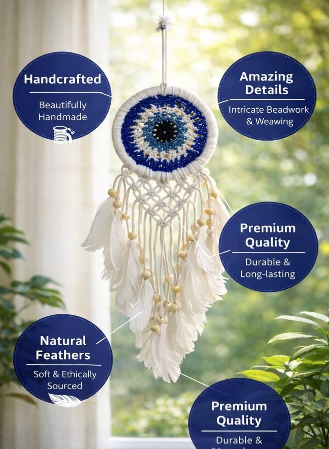 ThincAmaxe Handmade Evil Eye Dream Catcher with Feathers | Blue & White Wall Hanging for Home Décor, Bedroom & Living Room | Boho Spiritual Décor - Image 5