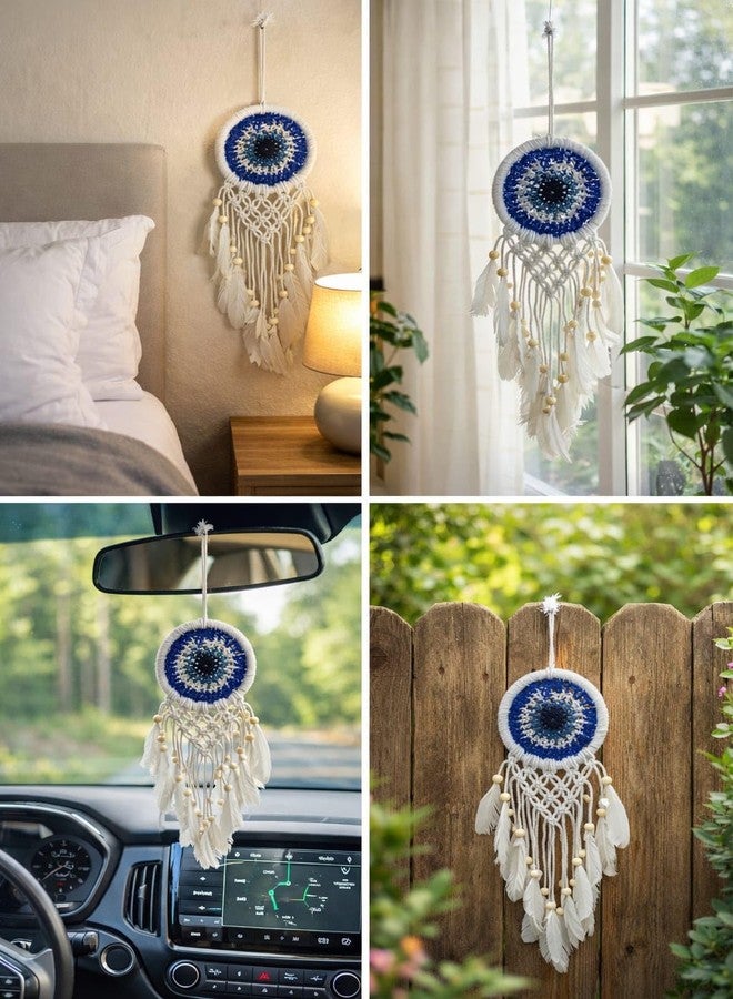 ThincAmaxe Handmade Evil Eye Dream Catcher with Feathers | Blue & White Wall Hanging for Home Décor, Bedroom & Living Room | Boho Spiritual Décor - Image 4