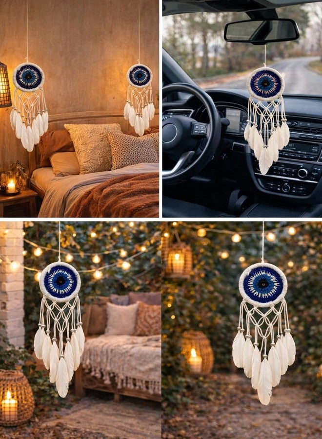 ThincAmaxe Handmade Evil Eye Dream Catcher with Feathers | Blue & White Wall Hanging for Home Décor, Bedroom & Living Room | Boho Spiritual Décor - Image 3